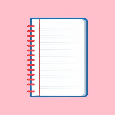 Çizgili sayfaları, kırmızı ciltleri ve mavi kapağı olan sarmal kaplı defter.