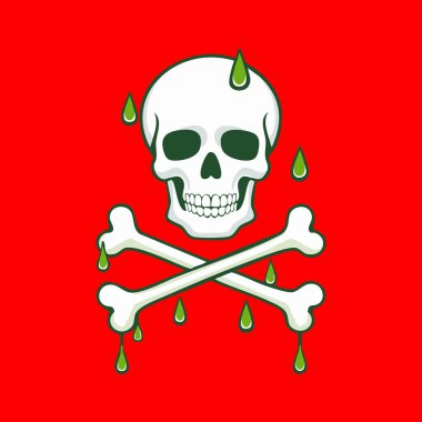 Kafatası ve çapraz kemikler kırmızı arka planda salya akıtıyor.