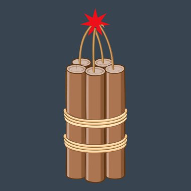 Yığılmış dinamit çubukları halatla sarılı ve gri bir arka planda yanan bir fitil.