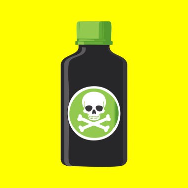 Sarı arka planda kafatası ve kemikleri olan etiketli zehir şişesi.