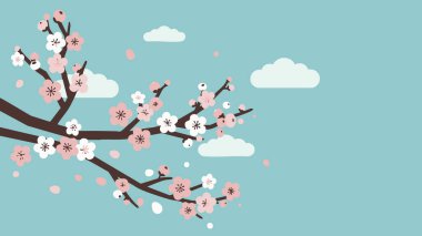 Açık deniz mavisi arkaplanına karşı pembe ve beyaz çiçeklerle çiçek açan bir dalın stilize edilmiş bir çizimi. Yumuşak bulutlar gökyüzüne konur.