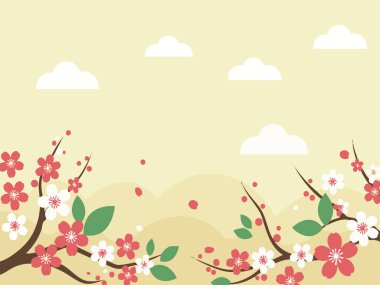 Renkli dalları ve yaprakları ile çeşitli pembe ve beyaz tonlarında kiraz çiçeklerinin neşeli bir illüstrasyonu, soluk sarı bir arka plan karşı.