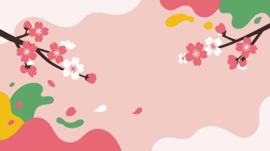 İki stilize kiraz çiçeği dalı pembe ve beyaz çiçeklerle, soyut şekilli yumuşak bir pastel arka plan üzerine kuruludur..