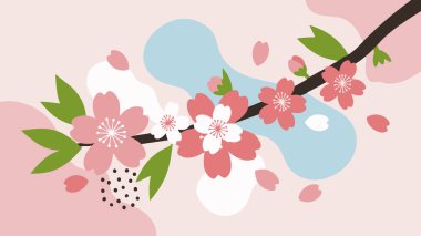Bir dal, taç yaprakları ve yapraklarla kiraz çiçeklerinin stilize bir çizimi. Çiçekler pembe ve beyaz tonlarında, basit bir grafik tasarım tarzıyla. Pastel renklerdeki soyut şekiller yumuşak, yay benzeri bir atmosfer yaratır..