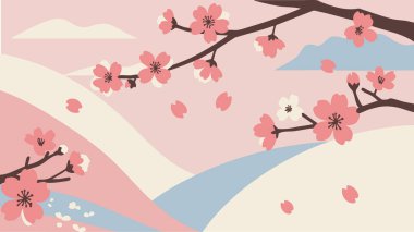 Çiçeklerin çeşitli aşamalarında kiraz çiçeklerinin huzurlu bir görüntüsü, yumuşak, akışkan çizgileri olan pastel bir manzara üzerine kuruludur..