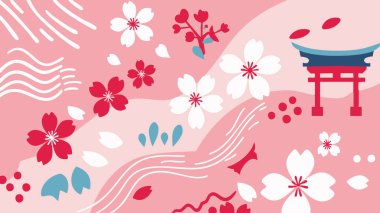 Pembe ve beyazın çeşitli tonlarında canlı bir kiraz çiçeği deseni, stilize edilmiş Japon torii kapısı.
