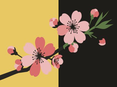 Zarif pembe ve şeftali çiçekleriyle süslenmiş bir çiçek dalı çarpıcı sarı ve siyah bir zemin üzerine kurulmuş. Çiçekler karanlık merkezler ve yumuşak yapraklarla detaylandırılmış..