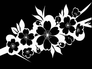 Siyah ve beyaz kiraz çiçeklerinin ve yapraklarının stilize ve detaylı bir tasarımı. Çiçekler karmaşık ve simetriktir. Hassas taç yaprakları ve erkek organları üzerinde yoğunlaşırlar..