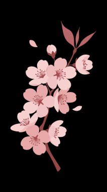 Yumuşak pembe ve sessiz gül tonlarında birden fazla çiçek açan stilize bir kiraz ağacı dalı. Taç yaprakları ayrıntılı ve narindir..