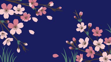Pembe ve açık pembenin çeşitli tonlarında kiraz çiçeklerinin canlı bir görüntüsü, zengin bir lacivert arka planda yer alır. Çiçekler karanlık merkezler ve narin taç yapraklarıyla detaylandırılmıştır. Huzurlu ve güzel bir çiçek tasarımı oluştururlar..