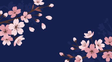 Çiçeğin çeşitli aşamalarında canlı pembe kiraz çiçekleri, koyu kahverengi dallarda zarif bir şekilde düzenlenmiş, zengin bir lacivert arka planda. Yapraklar ve tomurcuklar yumuşak renk eğimleriyle tasvir edilir.