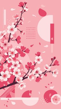 Pembe ve beyazın çeşitli tonlarında, yumuşak pembe arka planda duran kiraz çiçeklerinin stilize edilmiş bir illüstrasyonu. Soyut şekiller ve geometrik desenler çiçek tasarımını tamamlayarak görsel olarak çekici bir kompozisyon oluşturur..