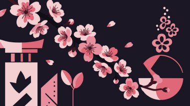 Detaylı çiçek ve narin taç yapraklarının yer aldığı, koyu bir arka plan üzerine kurulmuş kiraz çiçeklerinin stilize edilmiş bir illüstrasyonu. Geometrik şekiller ve Japon tasarımının elementleri birleştirilmiştir..