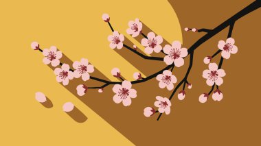 Kiraz çiçeklerinin stilize edilmiş bir dalı, açık pembe, koyu merkezli, sıcak hardal sarısı arka planda. Yumuşak gölgeler çiçekleri ve dalları vurgular..