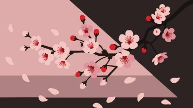 Kiraz çiçeklerinin narin pembe çiçekleri ve kırmızı pullarıyla biçimlendirilmiş bir illüstrasyon, Geometrik şekillerin arka planının sessiz pembe ve koyu kahverengilerle çizilmiş.