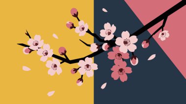 Hassas pembe çiçek ve tomurcukları ile stilize bir kiraz dalı, zıt sarı ve koyu lacivert renk blokları bir zemin üzerine kurulmuş.