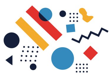 Daireler, dikdörtgenler, kareler ve üçgenler de dahil olmak üzere renkli geometrik şekillerin dinamik bileşimi, beyaz bir arkaplana karşı soyut bir şablon içinde düzenlenmiştir..