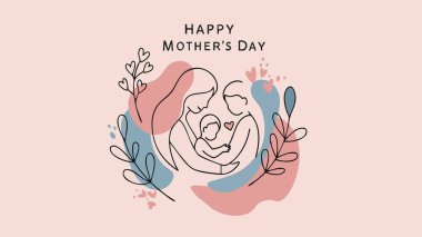 Bir aileyi basit bir sanat tarzında sunan yürek ısıtan bir Anneler Günü grafiği. Anne, baba ve çocuk soyut şekiller ve çiçek elementleriyle çevrili sevgi dolu bir şekilde tasvir edilir..