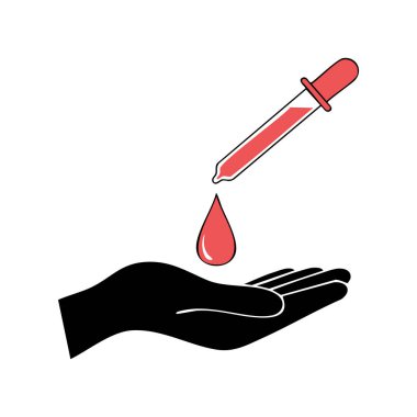 Kırmızı damlacıktan bir damla kan alan bir el. Basit, kalın çizgiler ve renkler.