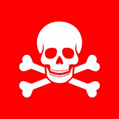 Koyu beyaz bir kafatası ve çapraz kemikler, canlı kırmızı bir zemin üzerine kurulmuş. Görüntü basit, cesur bir tasarım..