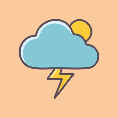 Açık mavi bir çizgi film bulutu, sarı bir güneş ve bir yıldırım..