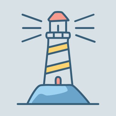 Modaya uygun bir deniz feneri. Çizgi film tarzında tasvir edilmiş. Işıklar dışarıya doğru ışıldıyor..