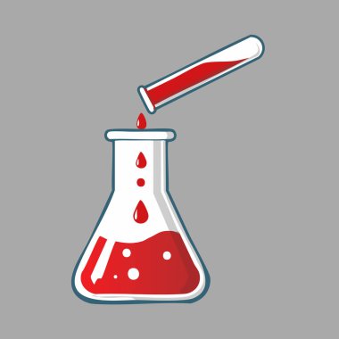 Bir deney tüpünden damla damla sıvı alan bir deney şişesinin çizgi film stili çizimi.