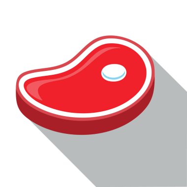 Canlı kırmızı, dilimlenmiş et parçası, stilize edilmiş, üç boyutlu izometrik bir görüntüyle tasvir edilmiş. İnce bir açık gri gölge şekli vurgular..