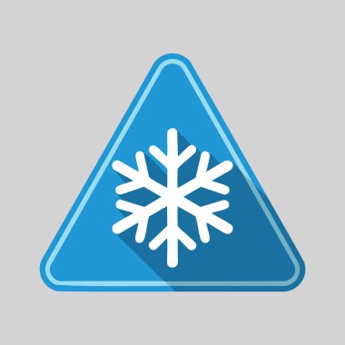 Canlı mavi bir üçgendeki bir kar tanesinin stilize edilmiş, düz tasarım ikonu. Kar taneleri merkezde bulunur ve mavi arkaplanda keskin bir şekilde tanımlanır..