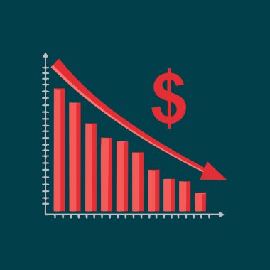 Aşağı bakan bir ok ve bir dolar işareti ile önemli bir finansal çöküşü gösteren kırmızı çubuk grafiği.
