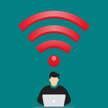Düz dizaynlı, kablosuz sinyal simgesiyle dizüstü bilgisayarda oturan bir kişi..