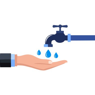 Basit bir şekilde tasvir edilen bir el musluktan düşen su damlacıklarını yakalar..