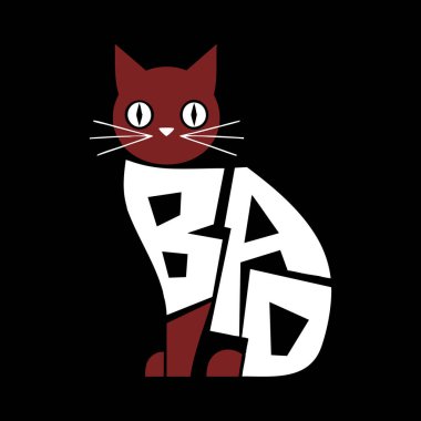 Kestane rengi bir kedi dinamik bir pozda oturur, vücudu kalın beyaz harflerle 