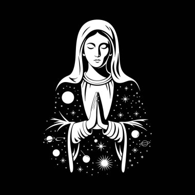 Meryem 'in stilize edilmiş, siyah ve beyaz bir tasviri, yıldızlar ve gezegenler gibi göksel cisimlerle çevrili, elleri sımsıkı bağlı dua ederken..