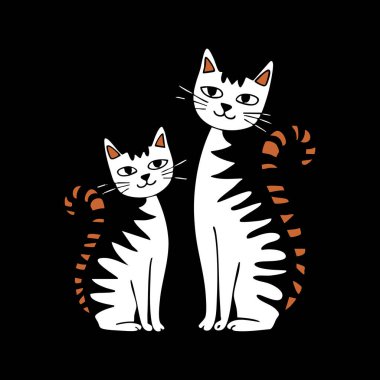 İki çizgi film kedisi, turuncu çizgili beyaz, basit, çocuk dostu bir şekilde tasvir edilir..