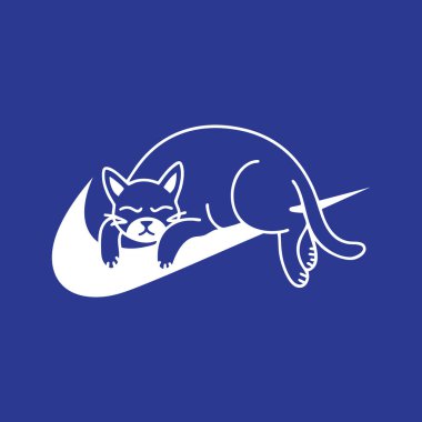 Rahat bir uyku pozisyonunda, stilize bir kedi, derin mavi bir arka plan üzerinde beyaz bir Nike swoosh grafik üzerine empoze edilir.