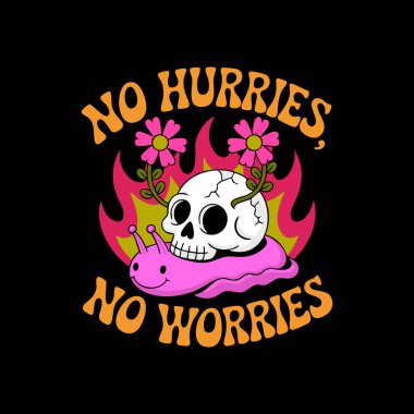 Bir salyangozun tepesindeki karikatürist kafatası, stilize alevler ve çiçeklerle çevrili, acil olmayan bir mesaj iletir..