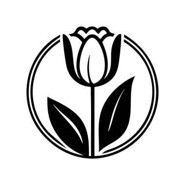 Siyah-beyaz lale grafik tasarımı, dairesel bir çerçeve içinde. Zarif ve basit çizgiler çiçek ve yaprakları tasvir eder..