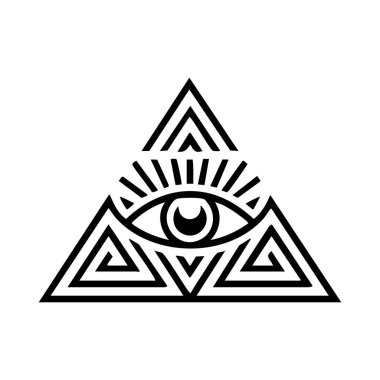 Birbirine kenetlenmiş üçgenlerin geometrik bir çerçevesi içinde her şeyi gören bir göz tasarımı..
