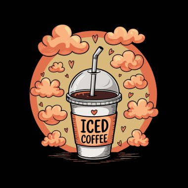 Yumuşak bulutların ve kalplerin arka planına kurulmuş, kamışla buzlu kahve fincanının stilize edilmiş bir çizimi..