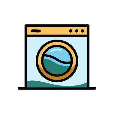 Açık mavi arkaplanı, açık turuncu çerçevesi ve deniz mavisi varil dolu bir varili olan bir çamaşır makinesinin stilize edilmiş düz tasarımı..