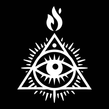 Bir üçgen içinde her şeyi gören, stilize edilmiş, beyaz bir göz tasarımı, ışıldayan çizgiler ve yukarıda alev benzeri bir element..