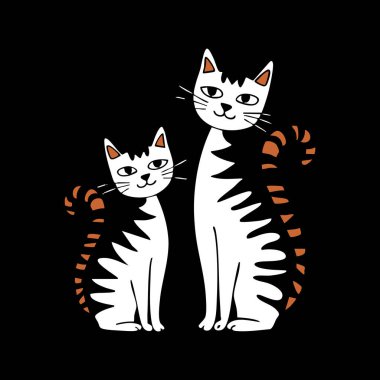 İki çizgi film kedisi, turuncu çizgili beyaz, basit ve çocuksu bir şekilde tasvir edilir. Yan yana dizilmişler, yüzleri öne dönük..