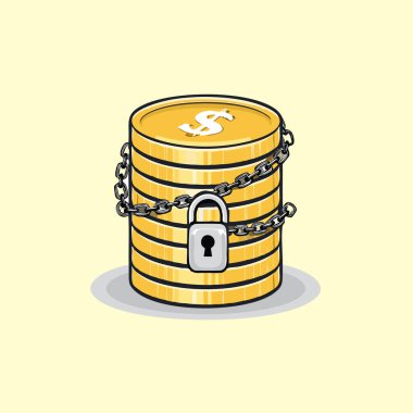 Gümüş bir kilit ve zincir ile korunan altın paralar yığını, finansal güvenliğin görsel bir temsilini oluşturuyor..