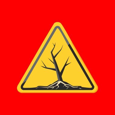 Kırmızı zemin üzerinde sarı bir uyarı üçgeni içinde çıplak kökleri olan çıplak bir ağacın stilize edilmiş, düz bir çizimi..