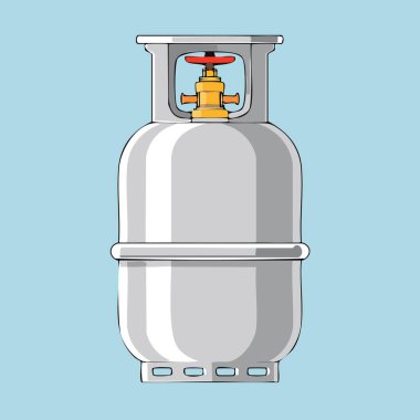 Gri bir gaz silindirinin karikatür tarzı çizimi. Üst kapağı vanalı ve tabanı havalandırmalı..