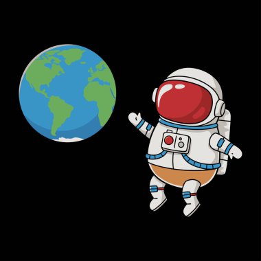 Neşeli bir astronot uzayda süzülür ve stilize edilmiş bir dünyaya bakar..