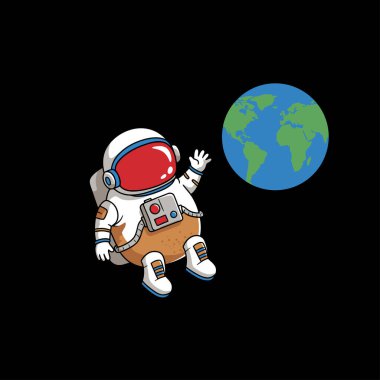 Uzay giysisi giyen neşeli bir astronot uzayda süzülüyor ve stilize edilmiş bir dünyaya el sallıyor..