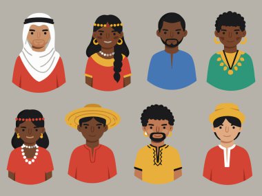 Farklı kültürlerden sekiz farklı insan portresi, çeşitli geleneksel giysiler ve aksesuarlar sergileniyor..