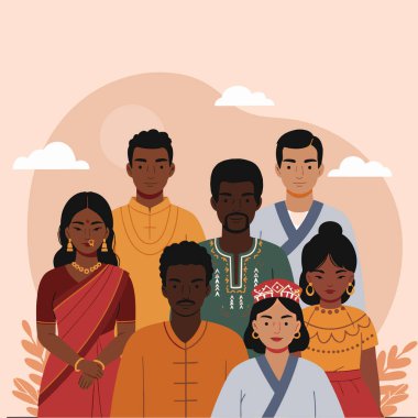 Her biri geleneksel kıyafetler giyen, kültürel çeşitliliği gösteren altı kişilik bir grup portresi. Rakamlar birbirine sıkı sıkıya bağlı, dostane bir kompozisyonda sunuluyor..